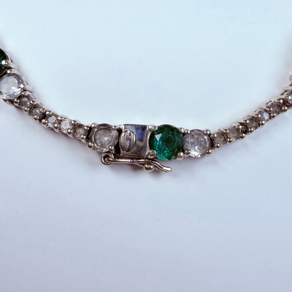 Art Deco Revival Emerald and Topaz Glass 925 Sterling Silver Tennis Bracelet - Picture 4 of 11